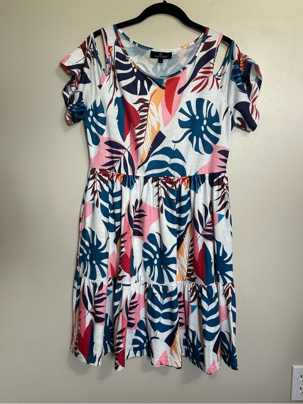 Cold Shoulder White Tropical-Print Midi Dress with Blue & Pink Leaves